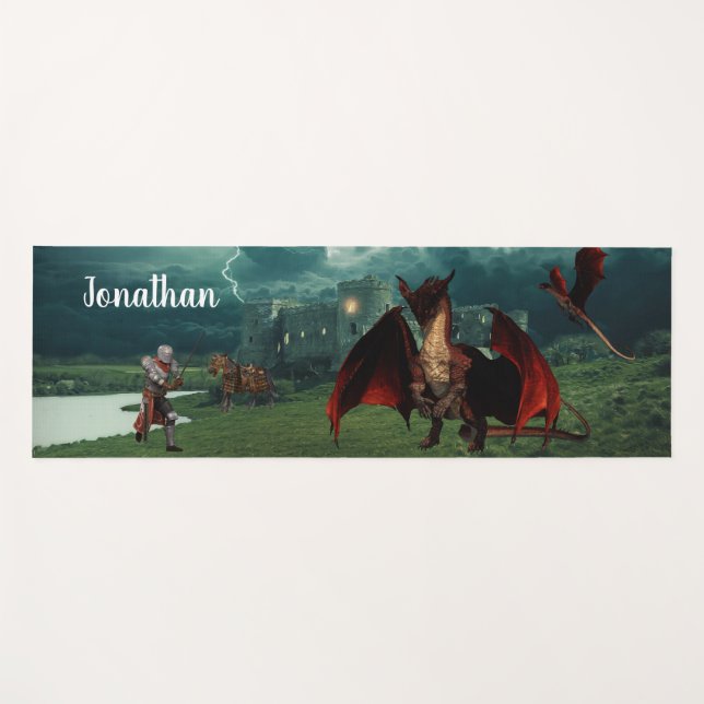 Personalized Medieval Dragon and Knight Castle Yoga Mat (Front (Horizontal))