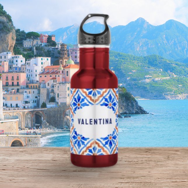 Personalized Mediterranean Blue Tile Pattern Stainless Steel Water Bottle (A personalized water bottle with an Italian-inspired tile pattern in blue, white and terracotta)