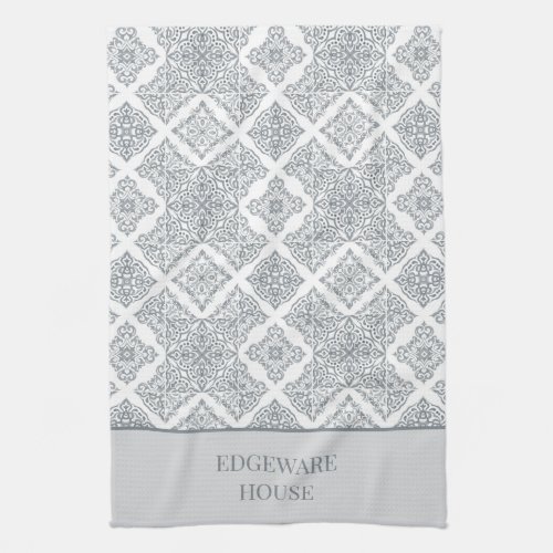 Personalized Mediterranean Grey White Tile Print Kitchen Towel