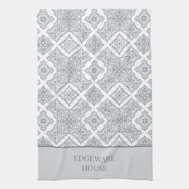 Personalized Mediterranean Grey White Tile Print Kitchen Towel (Vertical)
