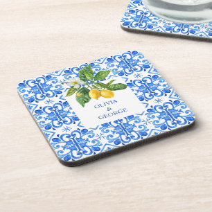 Personalized Mediterranean lemons wedding blue  Beverage Coaster