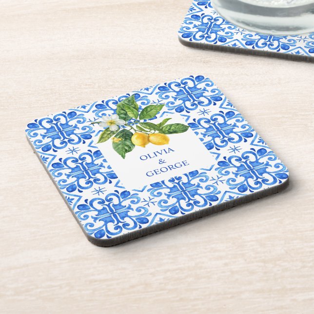 Personalized Mediterranean lemons wedding blue  Beverage Coaster (Left Side)