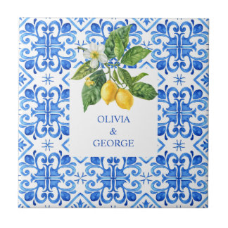 Personalized Mediterranean lemons wedding blue Ceramic Tile