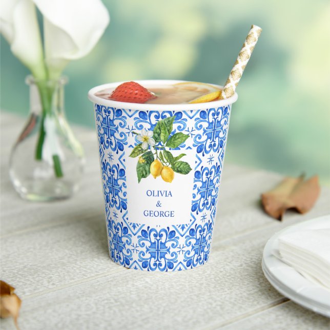 Personalized Mediterranean lemons wedding blue  Paper Cups (Insitu)