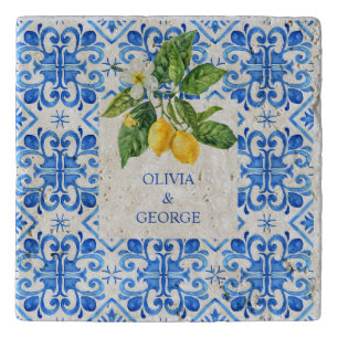 Personalized Mediterranean lemons wedding blue Trivet