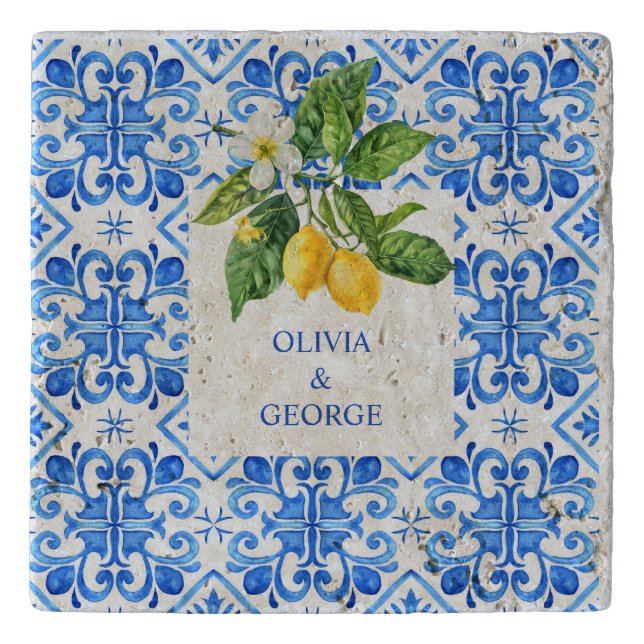 Personalized Mediterranean lemons wedding blue  Trivet (Front)