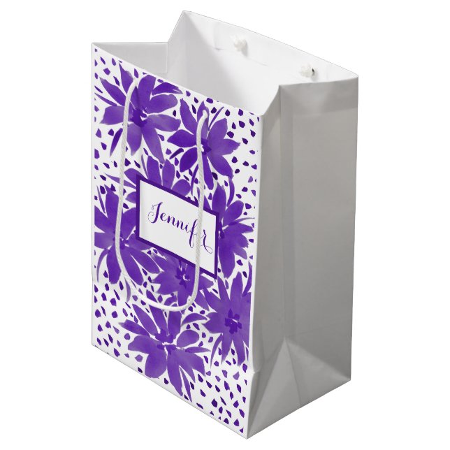Personalized Medium Floral Design Purple Gift Bag (Front Angled)