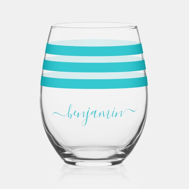  Personalized Medium Turquoise Lines Stemless Wine Glass (Front)