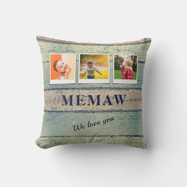 Personalized Memaw Grandchildren 3 Photo Collage Throw Pillow (Front)