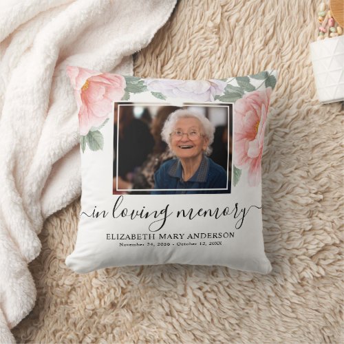  Personalized Memorial Floral Peony Throw Pillow