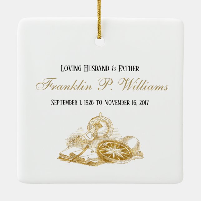 Personalized Memorial Masculine Photo Square Ceramic Ornament (Back)