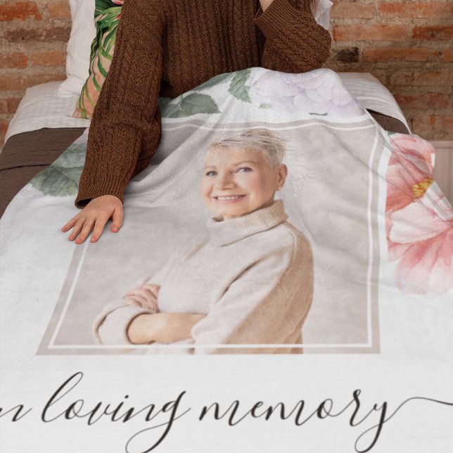  Personalized Memorial Photo Peony Floral Fleece Blanket (Custom Memorial Floral Peony Blanket, a token of remembrance that merges comfort and sentiment.)
