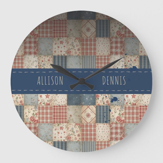 Personalized Memory Quilt Family Name Large Clock (Front)