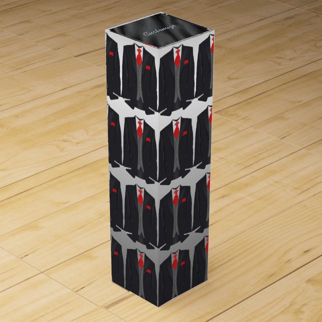 Personalized Men's Black Suit & Red Tie Wine Box (Front)