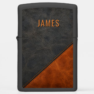 Personalized Men's Name Black Brown Leather Design Zippo Lighter