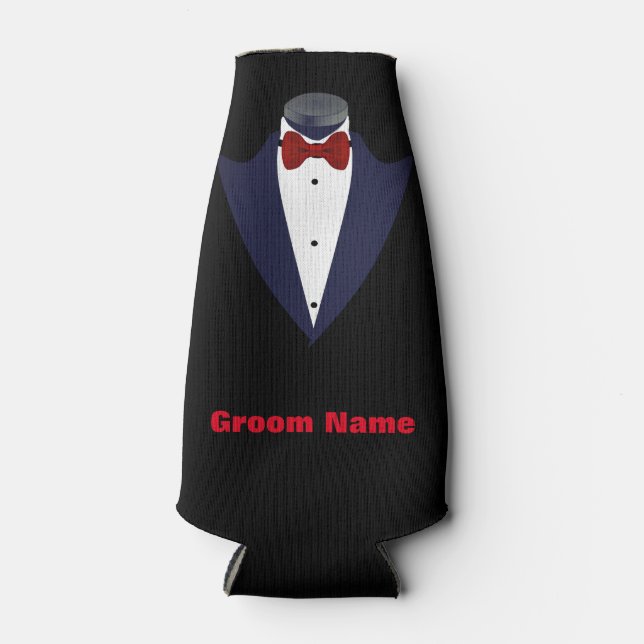 Personalized Men's Tuxedo Shirt Groom Bottle Cooler (Front)