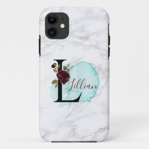 Personalized Merlot Navy Floral Letter L with Name iPhone 11 Case