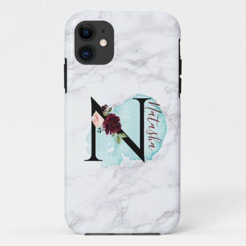 Personalized Merlot Navy Floral Letter N with Name iPhone 11 Case