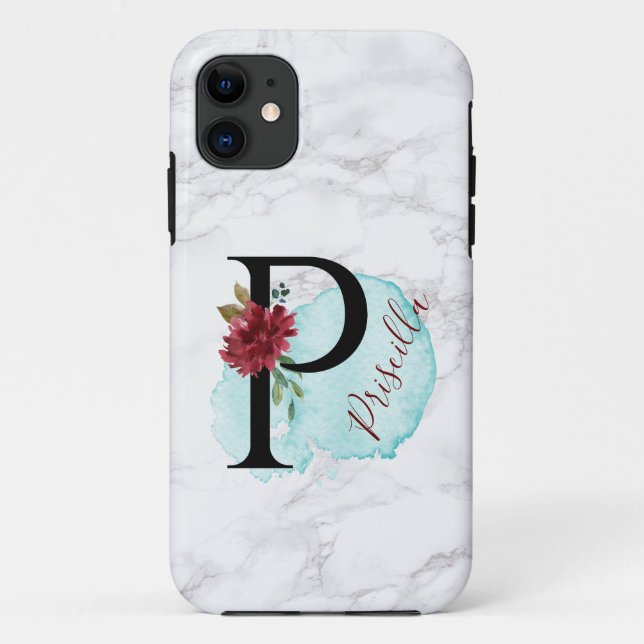 Personalized Merlot Navy Floral Letter P with Name Case-Mate iPhone Case (Back)
