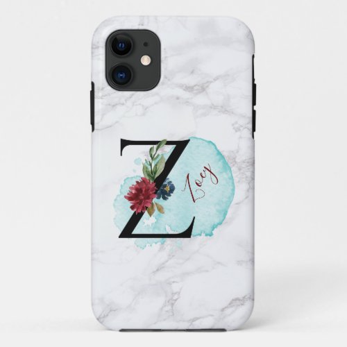 Personalized Merlot Navy Floral Letter Z with Name iPhone 11 Case