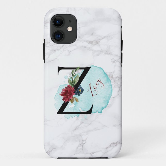 Personalized Merlot Navy Floral Letter Z with Name Case-Mate iPhone Case (Back)