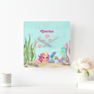 Personalized Mermaid and Axolotl Square Wall Clock