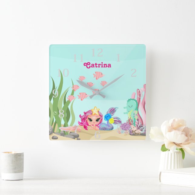 Personalized Mermaid and Axolotl Square Wall Clock (Home)