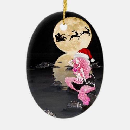 Personalized Mermaid and Santa Hat Merry Christmas Ceramic Ornament