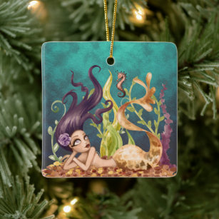 Personalized Mermaid and Seahorse Under the Sea Ceramic Ornament