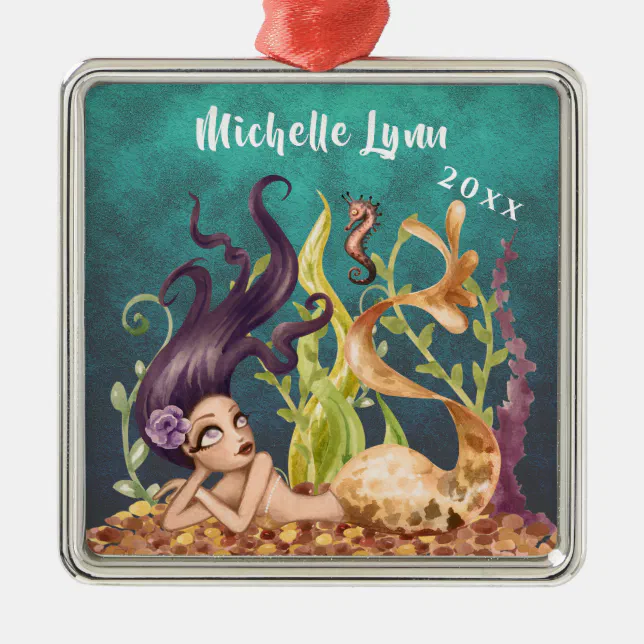 Personalized Mermaid and Seahorse Under the Sea Metal Ornament Zazzle