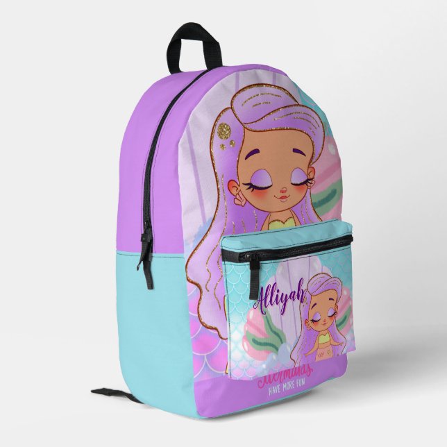Personalized Mermaid Azure/Lavender Printed Backpack (Back Corner Left)