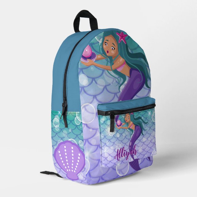 Personalized Mermaid Azure Printed Backpack (Back Corner Left)