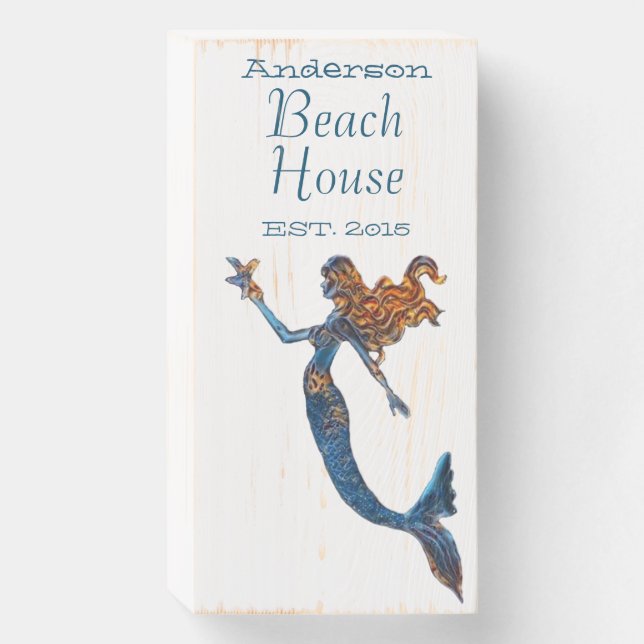 Personalized Mermaid Beach House Est. Year Wooden Box Sign (Front Vertical)