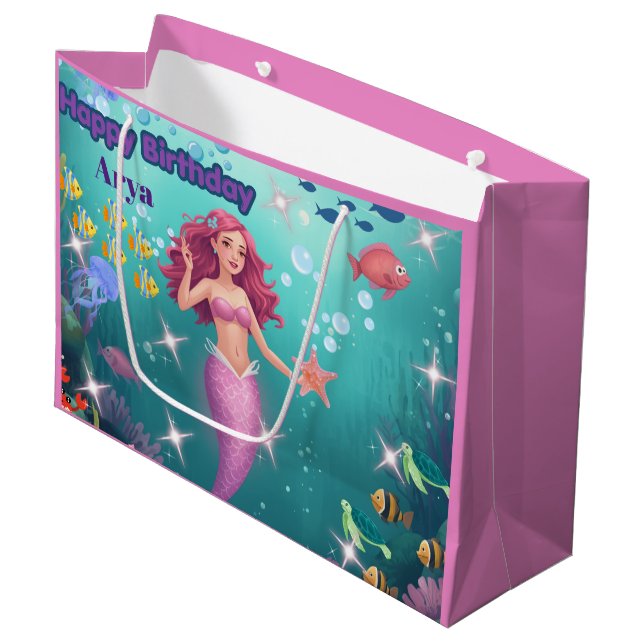 Personalized Mermaid Birthday Party Invitation Large Gift Bag (Front Angled)