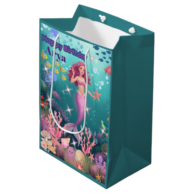 Personalized Mermaid Birthday Party Invitation Medium Gift Bag (Front Angled)