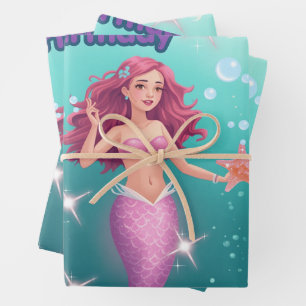 Personalized Mermaid Birthday Party Invitation Wrapping Paper Sheets