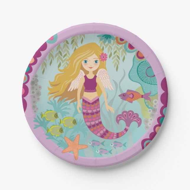 Personalized Mermaid Birthday Party Paper Plates (Front)