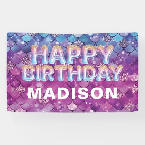 Personalized Mermaid Birthday Pink Blue Glitter Banner