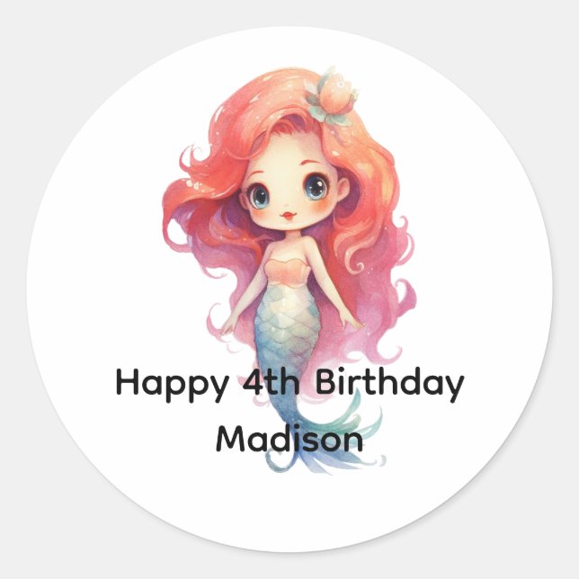 Personalized Mermaid Girls Birthday Favor Classic Round Sticker (Front)