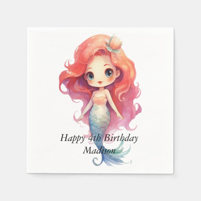 Personalized Mermaid Girls Birthday Napkins (Front)