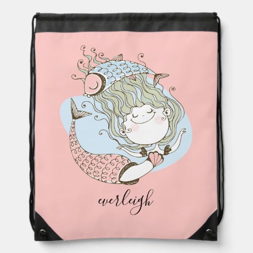 Personalized Mermaid Girls Drawstring Bag