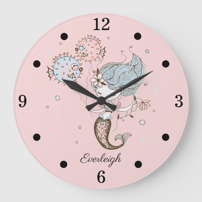 Personalized Mermaid Girl's Nursery Pink Large Clock (Front)