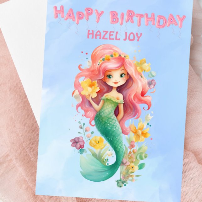 Personalized Mermaid Happy Birthday Card  (Personalized Mermaid Birthday Card - Soft Pastel Watercolors - For Mermaid Lovers)