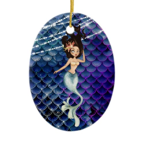Personalized Mermaid in Blue ~ Sparkling Beach Ceramic Ornament