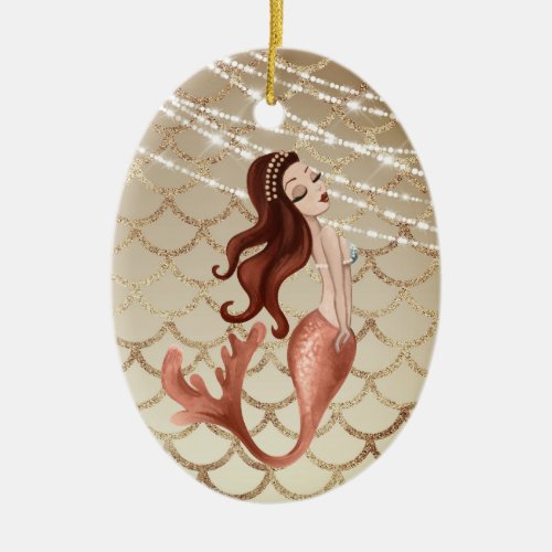 Personalized Mermaid in Rose Gold Sparkling Beach Ceramic Ornament
