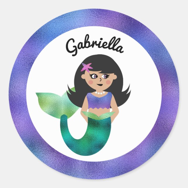 Personalized Mermaid Latino Trendy Faux Foil Girls Classic Round Sticker (Front)