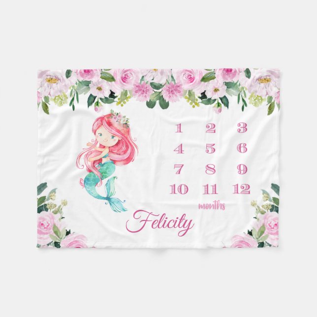 Personalized Mermaid Monthly Growth Milestone Baby Fleece Blanket (Front (Horizontal))