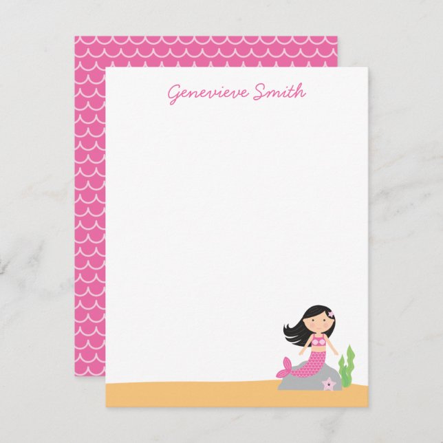 Personalized Mermaid Stationery | Black Hair-Pink Invitation (Front/Back)