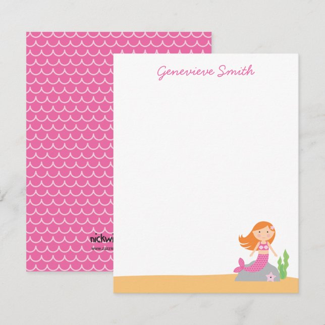 Personalized Mermaid Stationery | Red Hair | Pink Invitation (Front/Back)