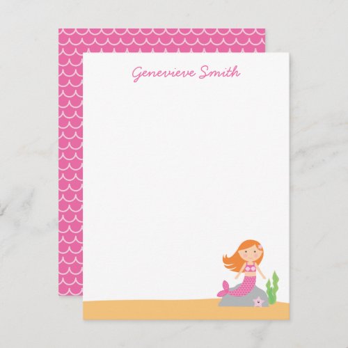 Personalized Mermaid Stationery  Red Hair  Pink Invitation